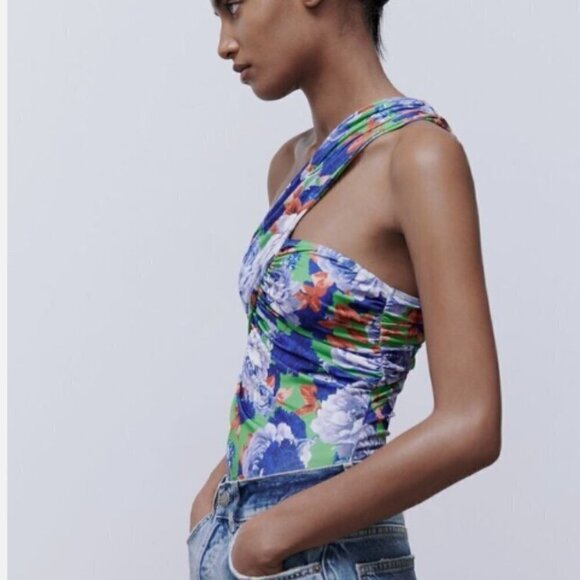 ZARA NWT Women's Blue Multi Floral Asymmetrical One Shoulder Bodysuit Size Med - Picture 3 of 15